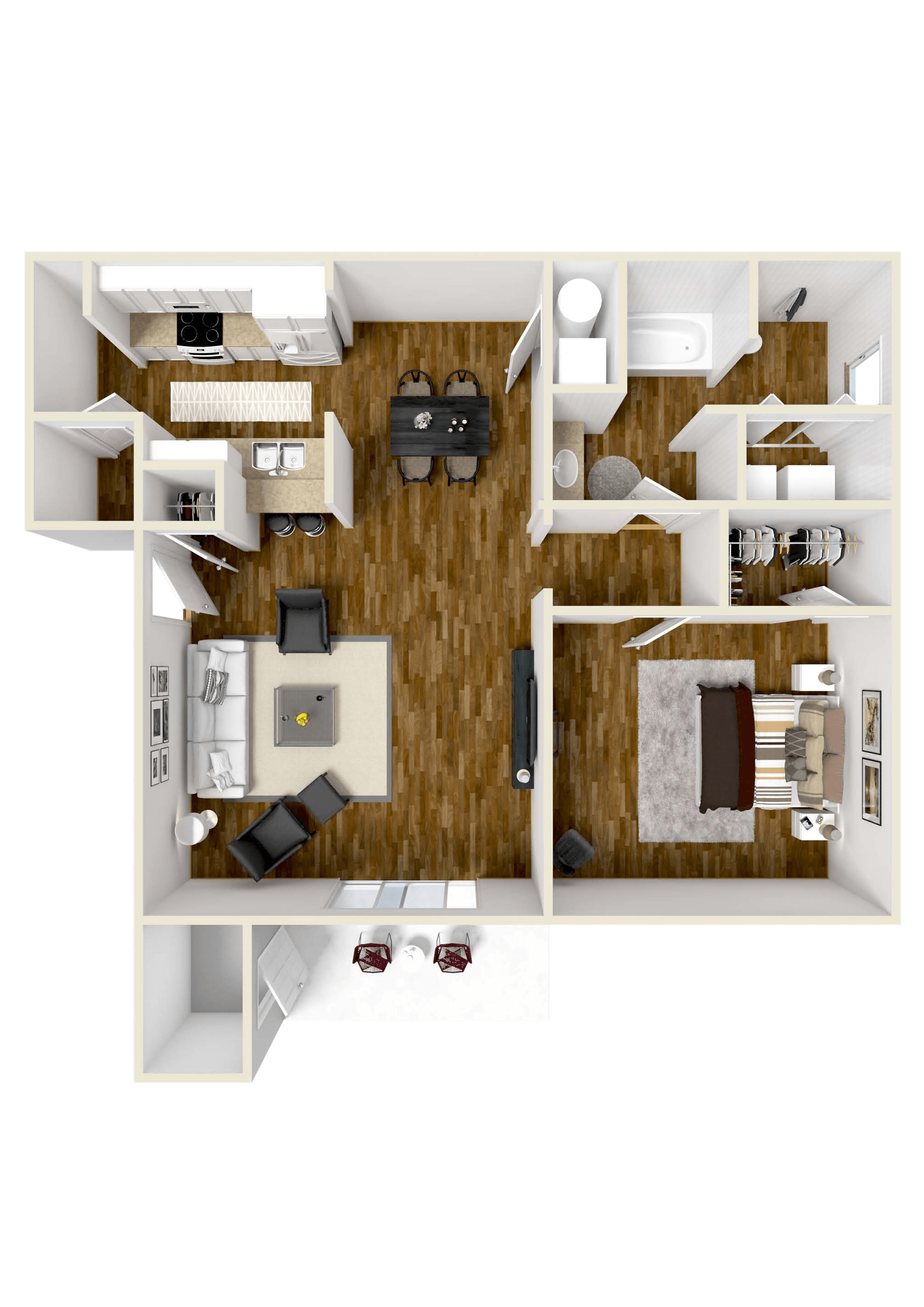 Floor plan for 1 bed, 1 bath, 771 sqft